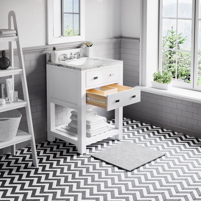 24 Inch Raison Single Sink Carrara Marble Bathroom Vanity in Pure White with Chrome Faucet & Mirror