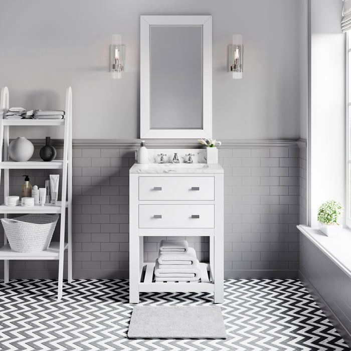 24 Inch Raison Single Sink Carrara Marble Bathroom Vanity in Pure White with Chrome Faucet & Mirror