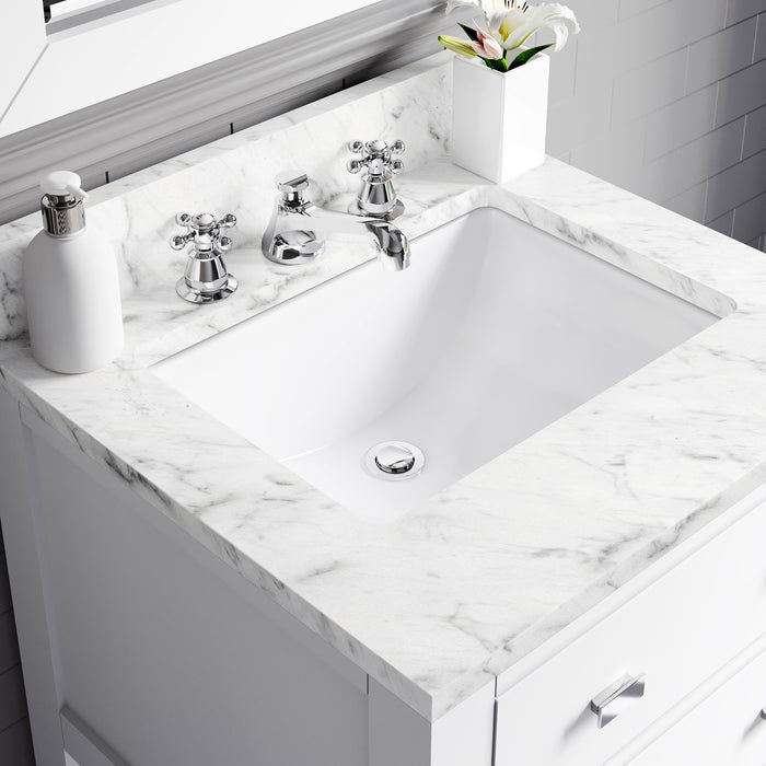 24 Inch Raison Single Sink Carrara Marble Bathroom Vanity in Pure White with Chrome Faucet & Mirror