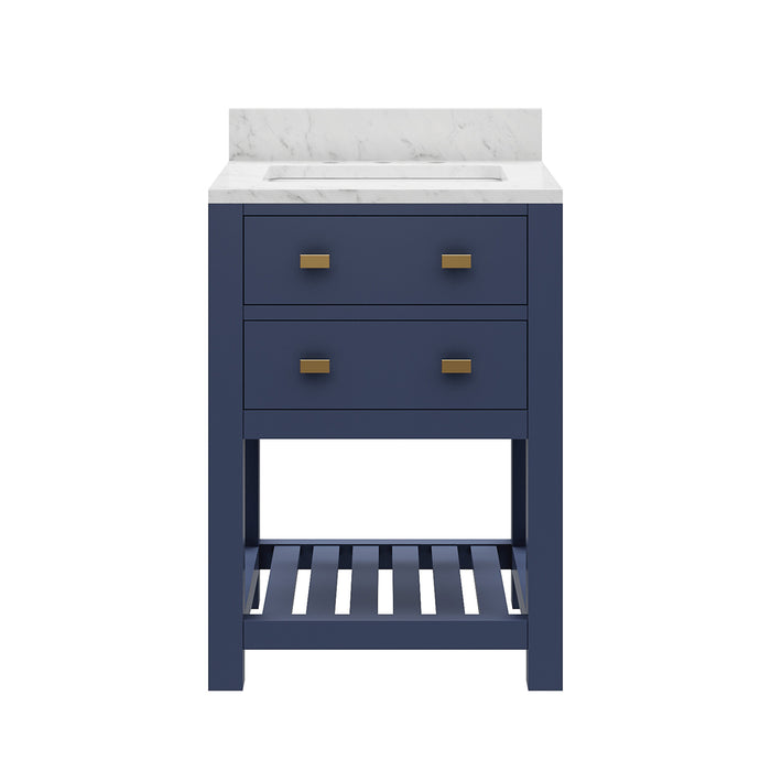 24 Inch Pavois Freestanding Vanity Monarch Blue Hardwood Carrara Marble Countertop Pre-drilled