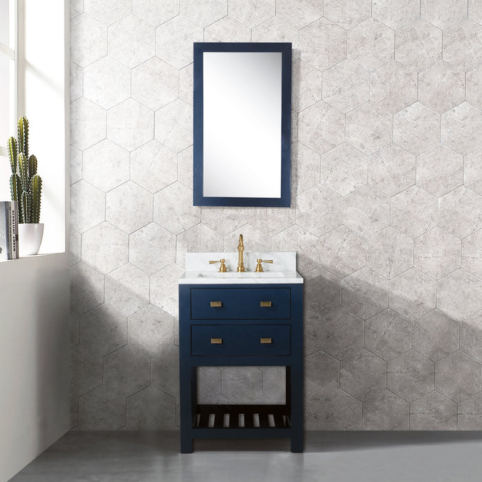 24" Single Sink Portico Bathroom Vanity - Carrara White Marble Countertop, Monarch Blue with Mirror