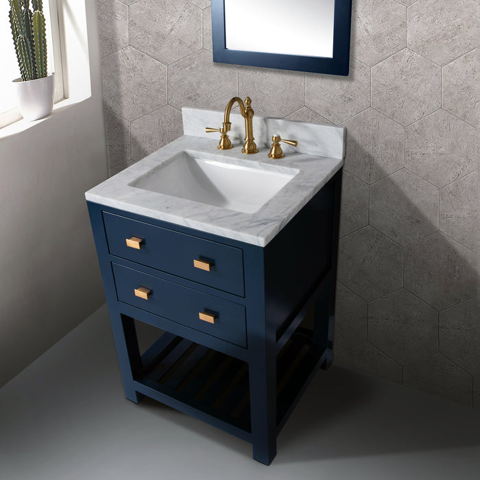 24 Inch Pavois Freestanding Vanity Monarch Blue Hardwood Carrara Marble Countertop Pre-drilled