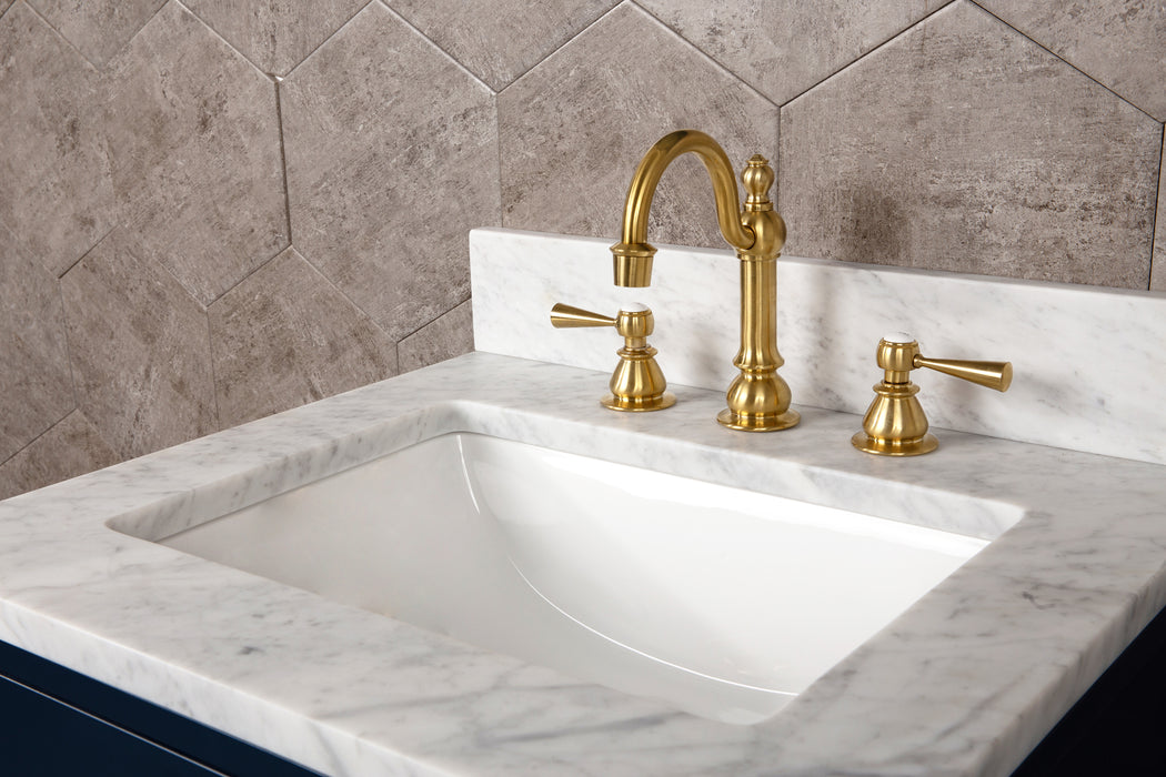 24" Single Sink Portico Bathroom Vanity - Carrara White Marble Countertop, Monarch Blue with Mirror