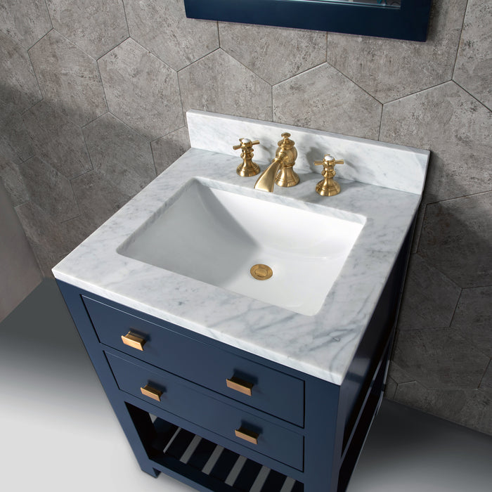 24" Quartz Single Sink Bathroom Vanity Monarch Blue with Carrara White Marble Countertop with Satin Gold Waterfall Faucet & Rectangular Mirror