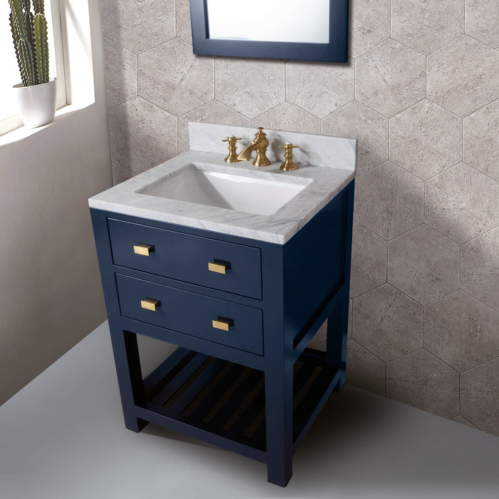 24" Ponder Carrara White Marble Vanity Monarch Blue Undermount Sink Satin Gold Faucet Included