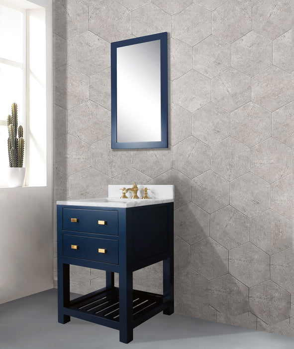 24" Quartz Single Sink Bathroom Vanity Monarch Blue with Carrara White Marble Countertop with Satin Gold Waterfall Faucet & Rectangular Mirror