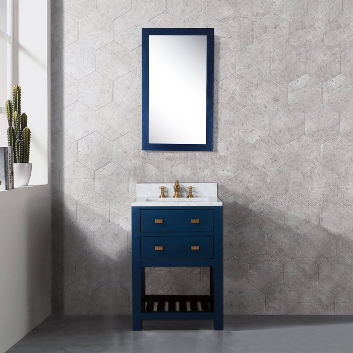 24" Quartz Single Sink Bathroom Vanity Monarch Blue with Carrara White Marble Countertop with Satin Gold Waterfall Faucet & Rectangular Mirror