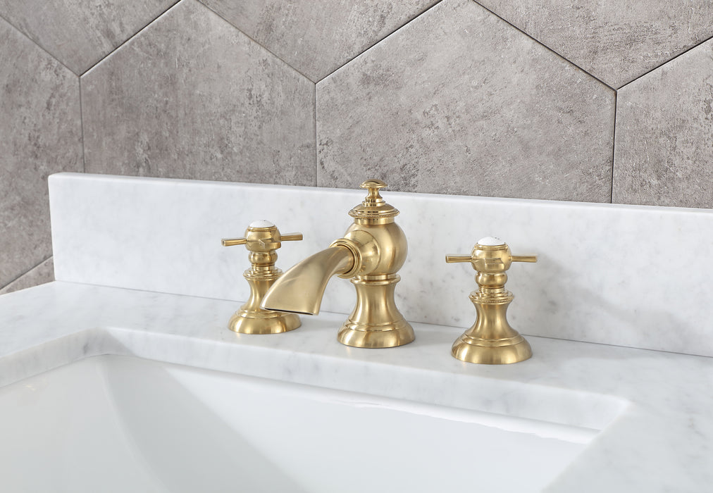 24" Quartz Single Sink Bathroom Vanity Monarch Blue with Carrara White Marble Countertop with Satin Gold Waterfall Faucet & Rectangular Mirror