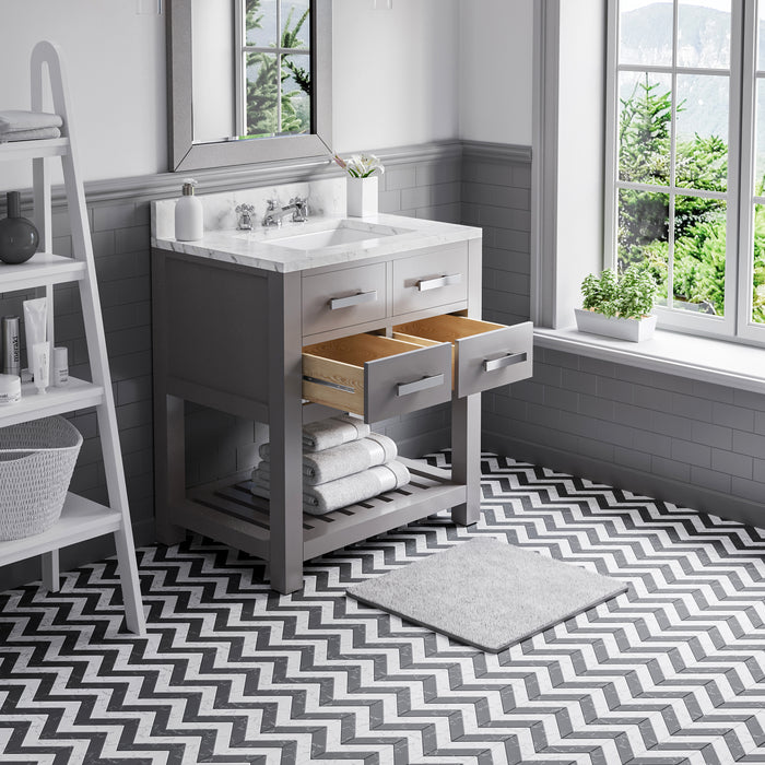 30" Rosette Carrara White Marble Single Sink Bathroom Vanity - Cashmere Grey with Soft Close Drawers