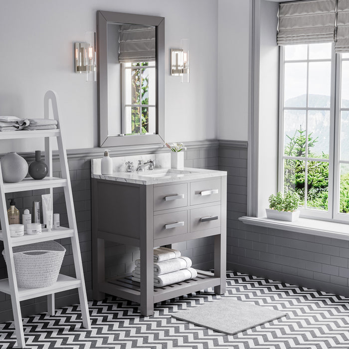 30 Inch Hardwood Reverb Bathroom Vanity Carrara White Marble Countertop Cashmere Grey with Mirror