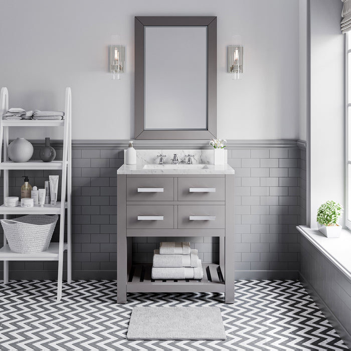 30 Inch Hardwood Reverb Bathroom Vanity Carrara White Marble Countertop Cashmere Grey with Mirror