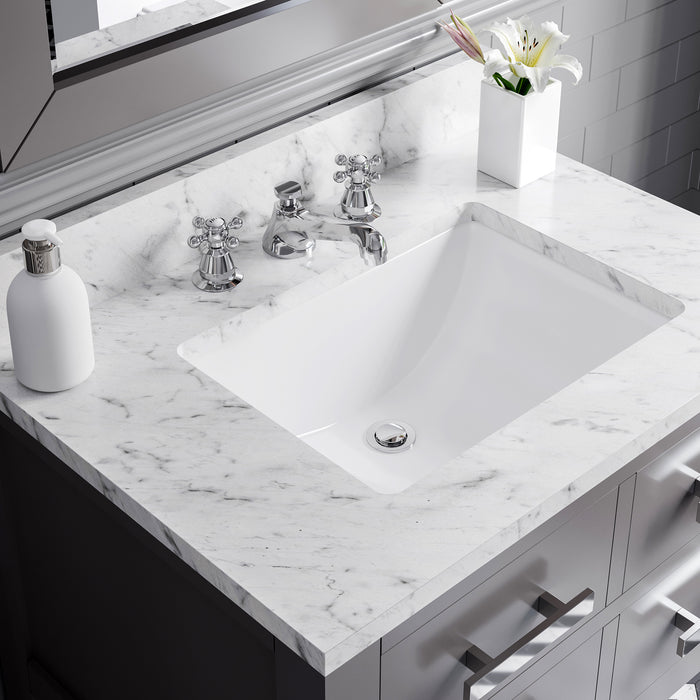 30" Rosette Carrara White Marble Single Sink Bathroom Vanity - Cashmere Grey with Soft Close Drawers