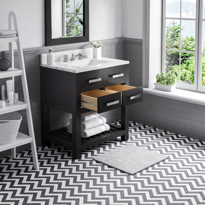 30-Inch Bathroom Vanity Combo Carrara Marble Samara Espresso Chrome with Classic Faucet & Rectangular Mirror