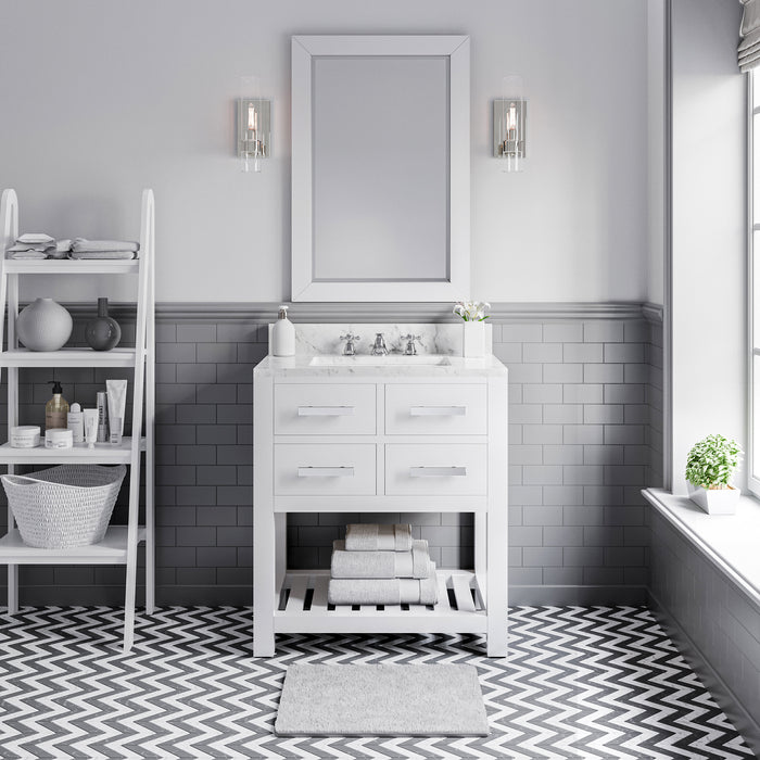 30 Inch Tamarisk Carrara White Marble Bathroom Vanity - Single Sink Pure White with Chrome Hardware & Mirror
