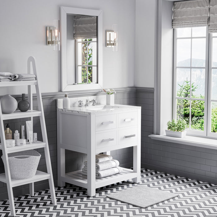30 Inch Tamarisk Carrara White Marble Bathroom Vanity - Single Sink Pure White with Chrome Hardware & Mirror