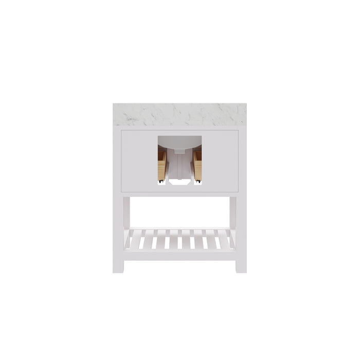 30 Inch Tamarisk Carrara White Marble Bathroom Vanity - Single Sink Pure White with Chrome Hardware & Mirror