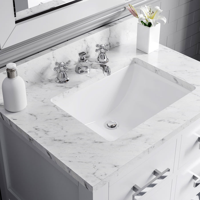 30 Inch Tamarisk Carrara White Marble Bathroom Vanity - Single Sink Pure White with Chrome Hardware & Mirror