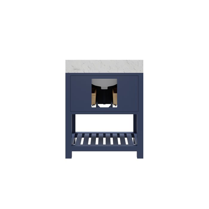 30 Inch Sangy Carrara White Marble Bath Vanity in Monarch Blue Hardwood with Undermount Sink & Mirror Included