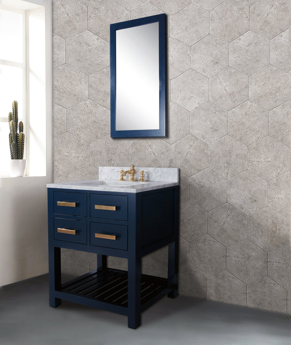 30 Inch Sangy Carrara White Marble Bath Vanity in Monarch Blue Hardwood with Undermount Sink & Mirror Included