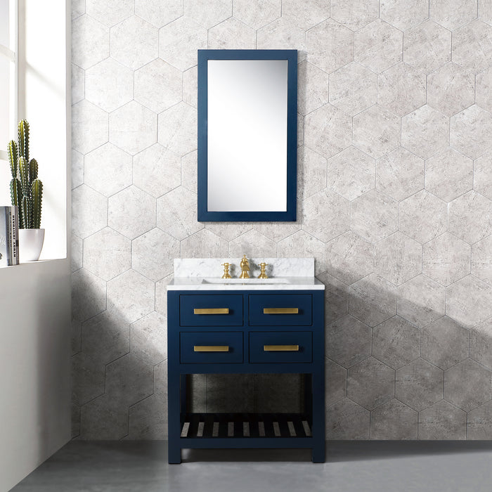 30 Inch Solid Hardwood Solstice Single Sink Vanity - Monarch Blue with Carrara Marble & Gold Hardware