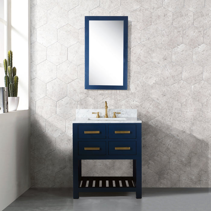 30 Inch Sirocco Hardwood Bathroom Vanity Set in Monarch Blue Carrara Marble with Hook Faucet & Mirror Included