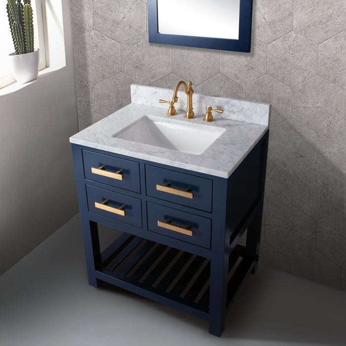 30 Inch Sirocco Hardwood Bathroom Vanity Set in Monarch Blue Carrara Marble with Hook Faucet & Mirror Included