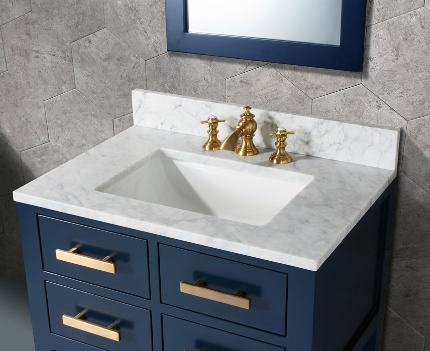 30 Inch Solid Hardwood Solstice Single Sink Vanity - Monarch Blue with Carrara Marble & Gold Hardware