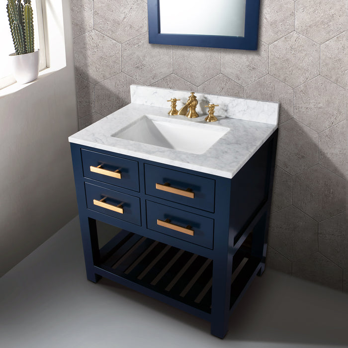 30 Inch Solid Hardwood Solstice Single Sink Vanity - Monarch Blue with Carrara Marble & Gold Hardware