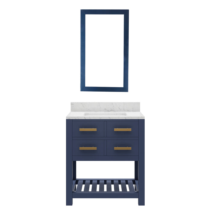 30 Inch Sangy Carrara White Marble Bath Vanity in Monarch Blue Hardwood with Undermount Sink & Mirror Included
