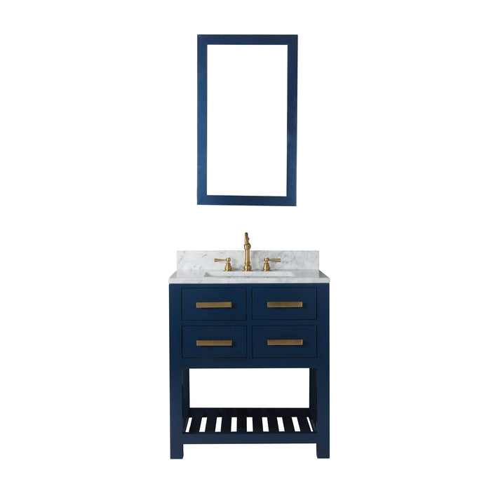 30 Inch Sirocco Hardwood Bathroom Vanity Set in Monarch Blue Carrara Marble with Hook Faucet & Mirror Included