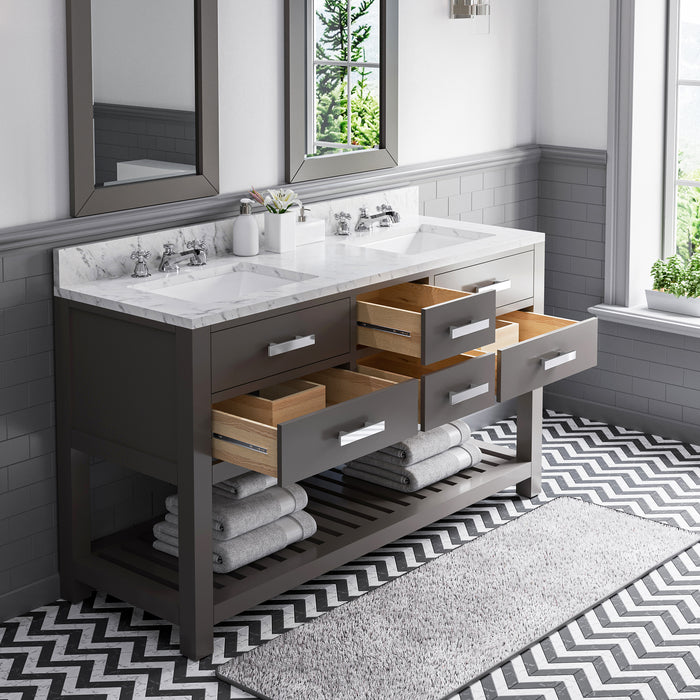60 Inch Potter Double Sink Vanity Set - Carrara Marble Top with Chrome Hardware & Rectangular Mirrors