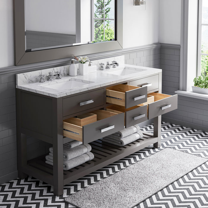 60 Inch Flynn Hardwood Double Sink Bathroom Vanity Carrara Marble Top Cashmere Grey Finish with Mirror