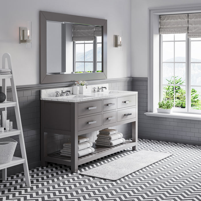 60 Inch Flynn Hardwood Double Sink Bathroom Vanity Carrara Marble Top Cashmere Grey Finish with Mirror