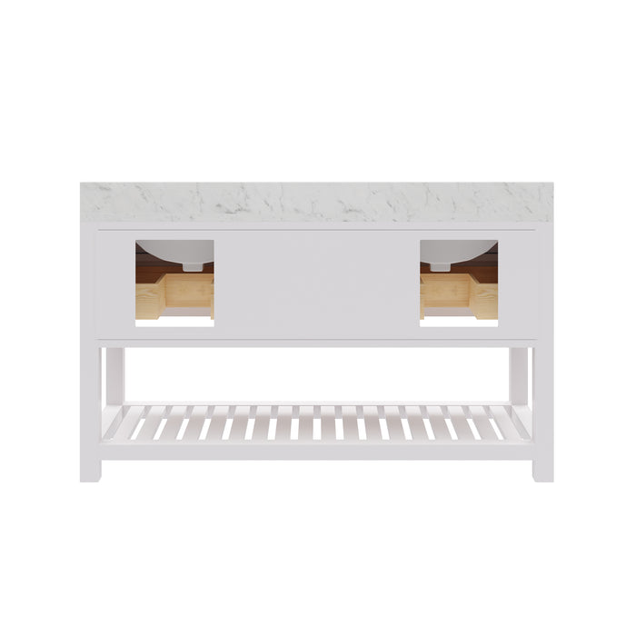 60 Inch Charleston Double Vanity - Carrara White Marble Countertop with Chrome Hardware & Rectangular Mirrors