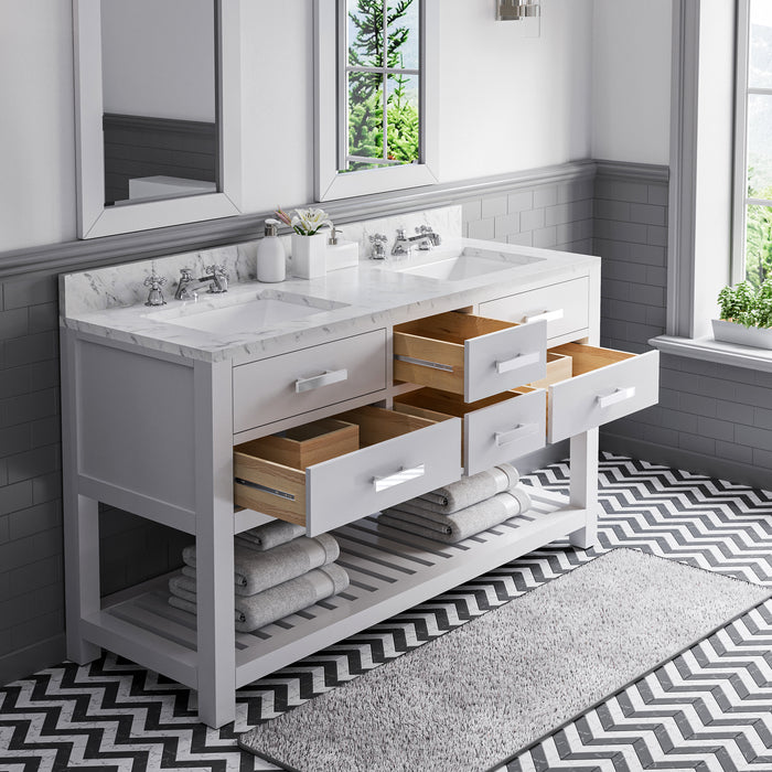 60" Winchester Double Sink Bathroom Vanity  - Carrara Marble Top Pure White Chrome Faucets