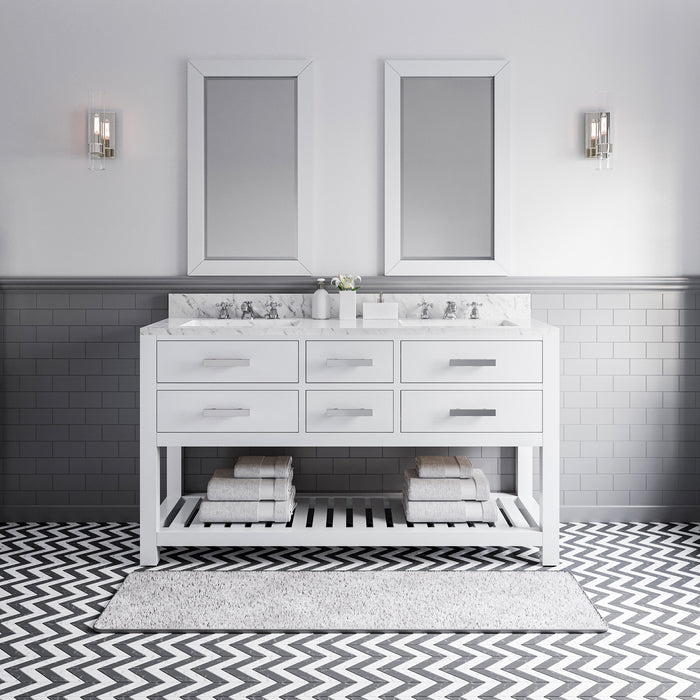 60" Winchester Double Sink Bathroom Vanity  - Carrara Marble Top Pure White Chrome Faucets