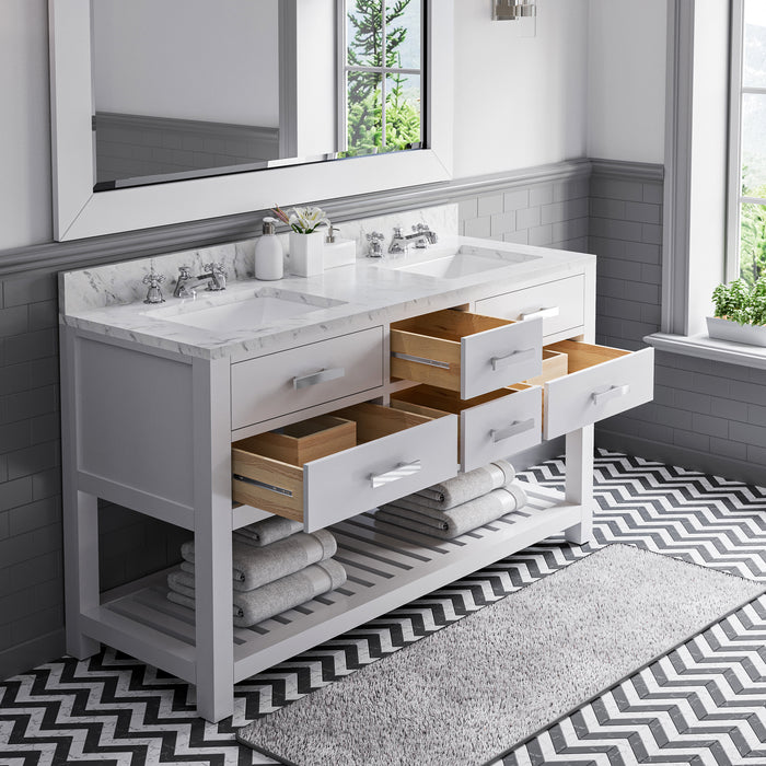 60" Pure White Prairie Hardwood Double Sink Bathroom Vanity - Carrara Marble Top with Rectangular Mirror & Soft-Close Drawers
