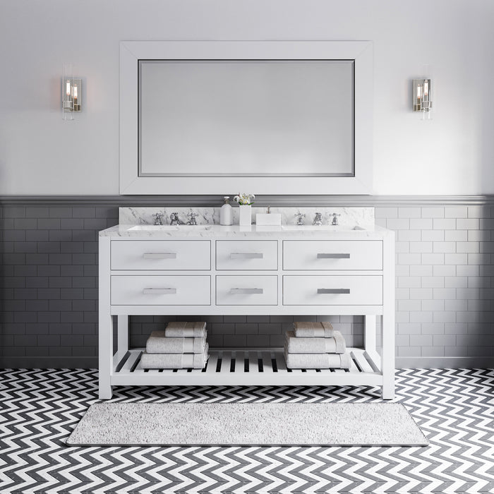 60" Pure White Prairie Hardwood Double Sink Bathroom Vanity - Carrara Marble Top with Rectangular Mirror & Soft-Close Drawers