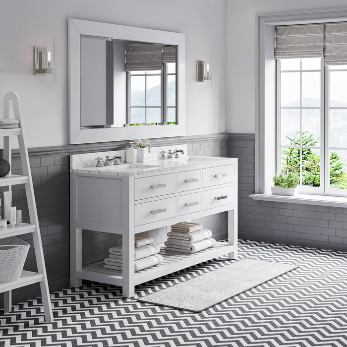 60" Pure White Prairie Hardwood Double Sink Bathroom Vanity - Carrara Marble Top with Rectangular Mirror & Soft-Close Drawers