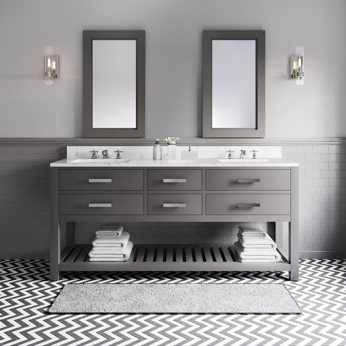 72-Inch Pearl Carrara White Marble Double Sink Bathroom Vanity in Cashmere Grey with Chrome Hardware