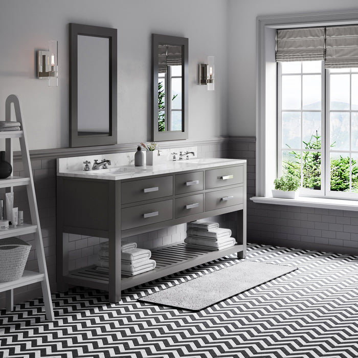72-Inch Pearl Carrara White Marble Double Sink Bathroom Vanity in Cashmere Grey with Chrome Hardware