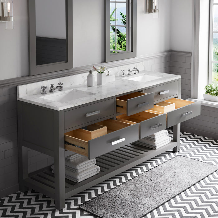 72-Inch Pearl Carrara White Marble Double Sink Bathroom Vanity in Cashmere Grey with Chrome Hardware