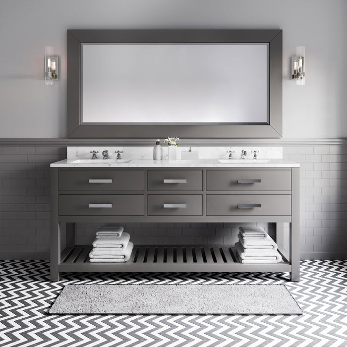72 Inch Live Double Sink Carrara White Marble Vanity Cashmere Grey with Soft-Close Drawers & Mirror