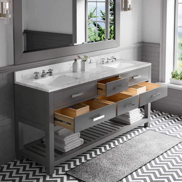 72 Inch Live Double Sink Carrara White Marble Vanity Cashmere Grey with Soft-Close Drawers & Mirror