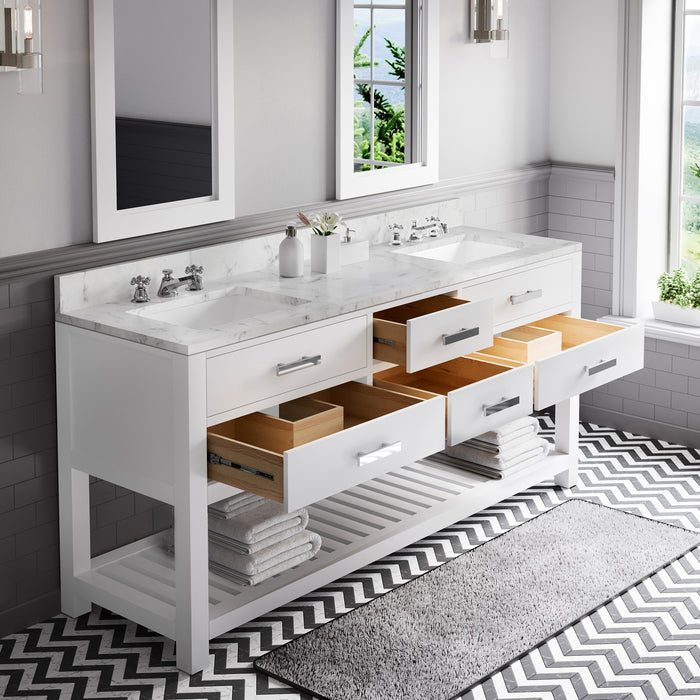 72 Inch Gramercy Double Sink Carrara Marble Bathroom Vanity Pure White with Chrome Hardware with Soft Close Drawers