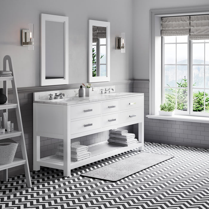 72 Inch Kensington Double Sink Carrara Marble Bathroom Vanity - Pure White with Rectangular Mirrors