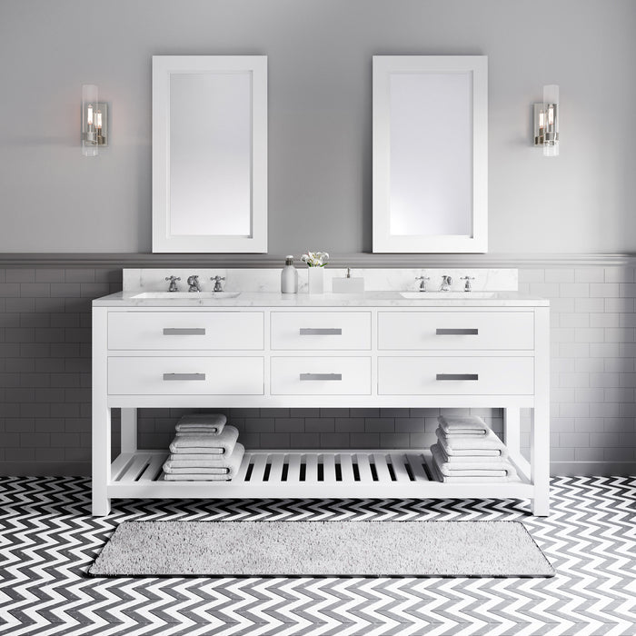 72 Inch Gramercy Double Sink Carrara Marble Bathroom Vanity Pure White with Chrome Hardware with Soft Close Drawers