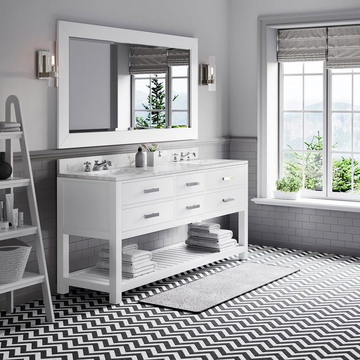 72" Rutan Pure White Double Sink Bathroom Vanity - Carrara Marble Top with Chrome Faucets & Mirror