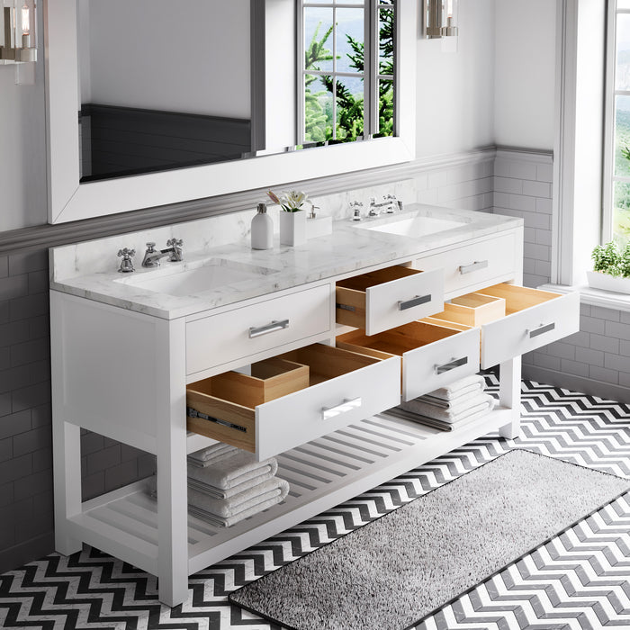 72" Rutan Pure White Double Sink Bathroom Vanity - Carrara Marble Top with Chrome Faucets & Mirror