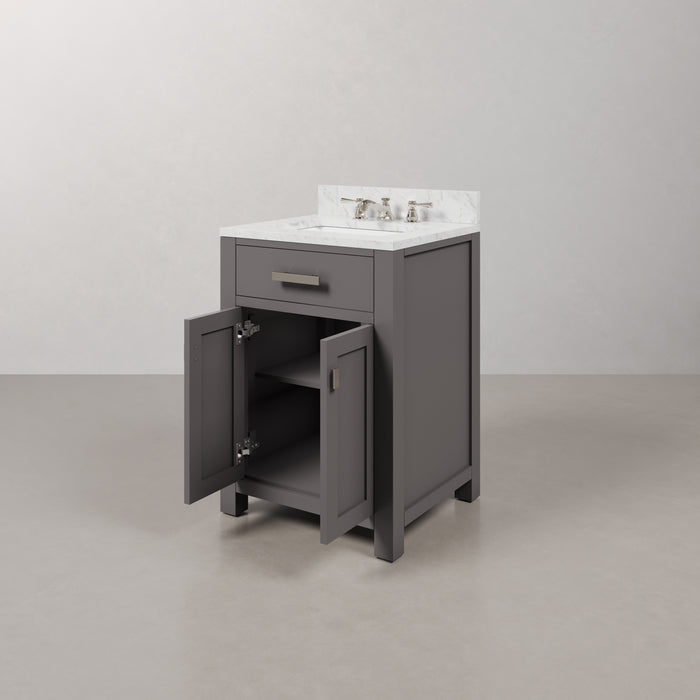 24 Inch Carrara Marble Single Sink Bathroom Vanity Olejo Cashmere Grey with Chrome Hardware & Mirror